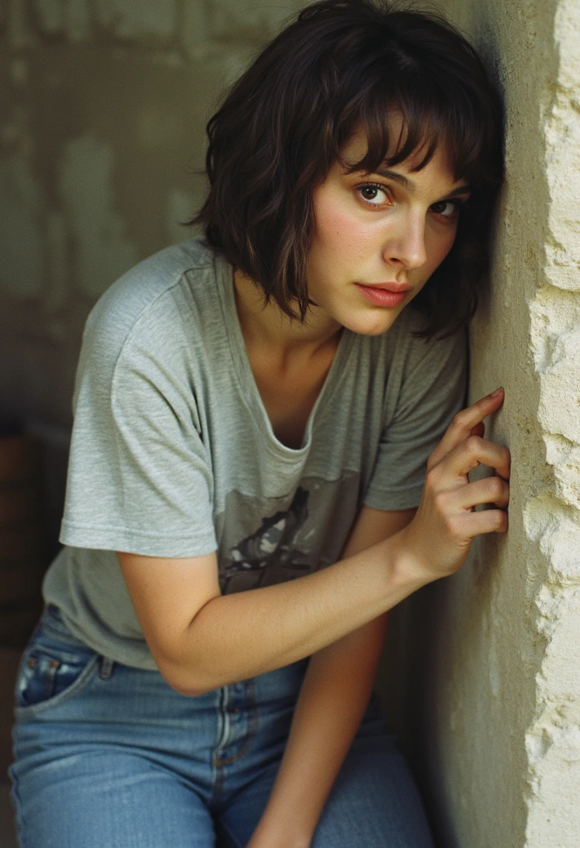 Natalie Portman is seen in a candid upper-body photo, captured with a 2000s digital camera. The image has a grainy, low-resolution look typical of that time. She’s leaning against a wall in a casual pose, wearing a simple t-shirt and jeans. she has a black sleek bobcut, reflecting the early 2000s fashion, and the photo captures her in a natural, relaxed moment, possibly mid-conversation. The lighting is uneven and slightly overexposed, creating a nostalgic, snapshot feel with a genuine, unpolished vibe