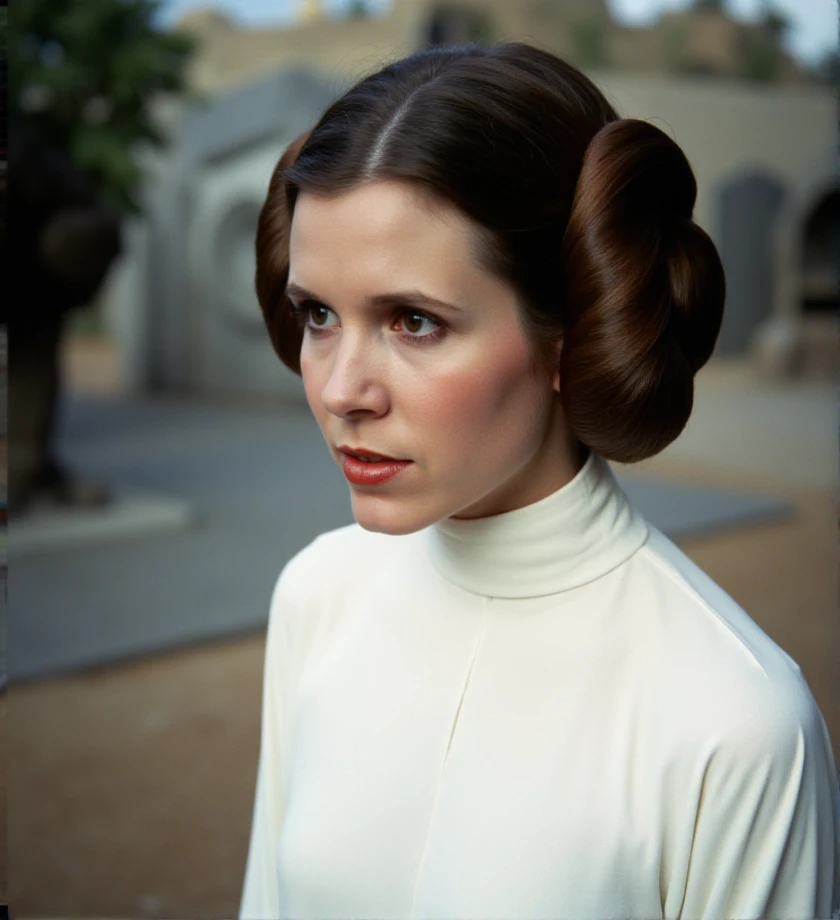 <lora:princess-leia-flux-p3r1n:1> p3r1n, face, white dress, star wars style background outdoor