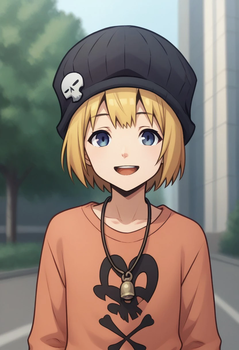 score_9, score_8_up, score_7_up, source_anime, highly detailed, 
raimu, solo, blue eyes, blonde hair, hat, smile, open mouth, closed eyes, shirt, black headwear, beanie, long sleeves, short hair,  bangs, skull print, 1girl, orange shirt, sleeves past wrists, upper body,
outdoor, street, tree,