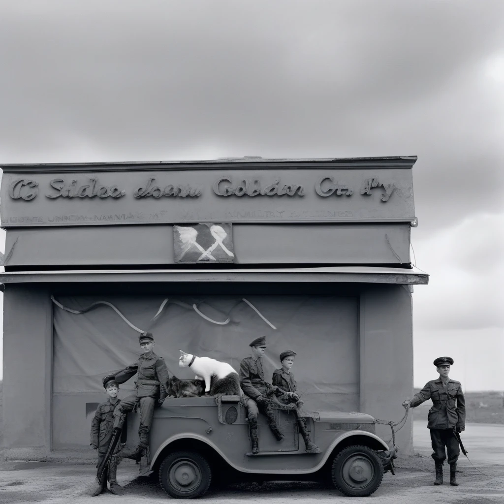 storefront, rope, motor vehicle, cat, holding, no humans, military uniform, cloudy sky, 2boys