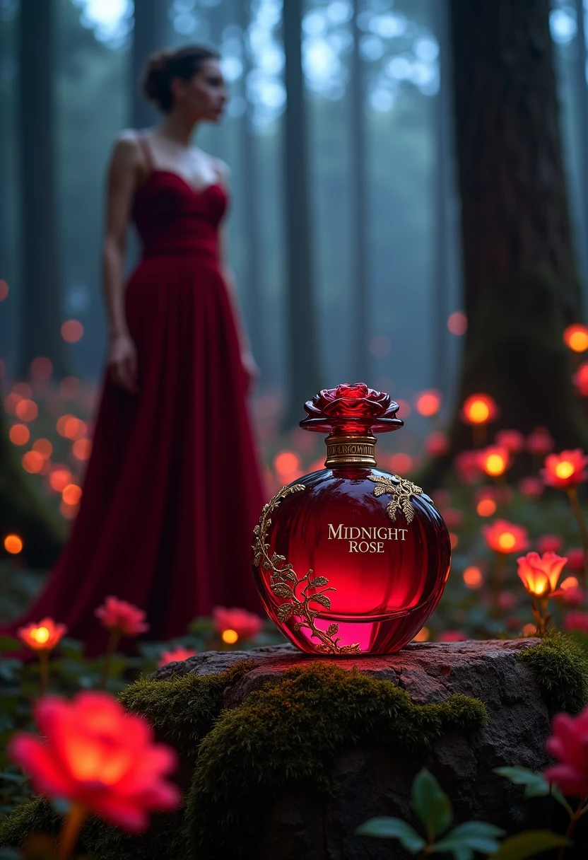 This image is a high-fashion advertisement for perfume by Dominique Atelier called Midnight Rose. The scene takes place in an enchanted forest at dusk, with towering trees and glowing flowers scattered throughout. The model wears a deep red velvet gown, blending into the magical setting. The perfume bottle rests on a moss-covered stone—a deep ruby-red glass bottle shaped like a blooming rose, with delicate gold vines wrapped around it and a rose-shaped cap. It is etched with the name "Midnight Rose". The aesthetics are romantic, mystical, and lush, with soft, diffused light, rich colors, and a sense of otherworldly beauty. The perfume captures the essence of roses in bloom at night, deep and intoxicating.