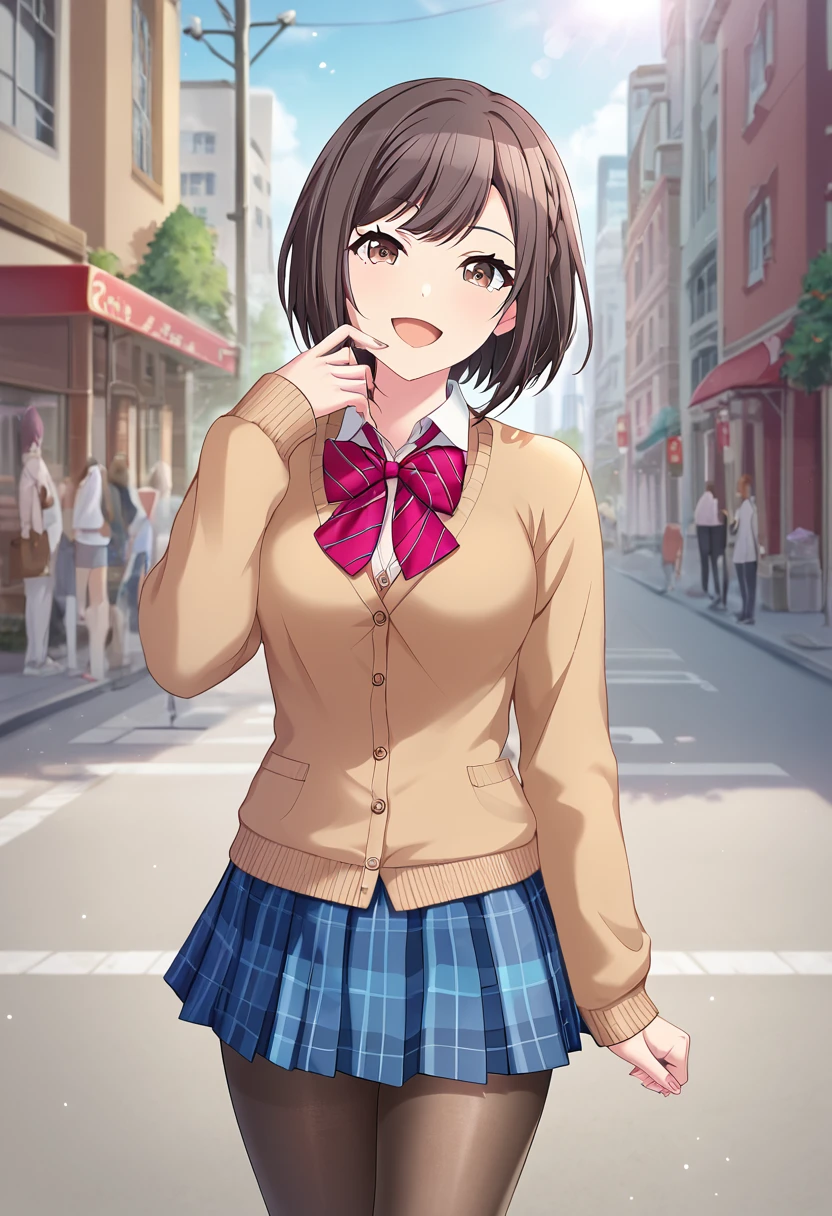 shinonome_ena, short hair, brown hair, brown eyes, pantyhose,  bow, blue skirt, plaid, bowtie, school uniform, red bow,  plaid skirt, beige cardigan, white collar, plaid red ribbon, official art, medium breasts  BREAK outdoors, city street,  BREAK looking at viewer, sexy face, sexy smile, open mouth, cowboy shot, sexy pose, dynamic pose  BREAK score_9, score_8_up, score_7_up, source_anime ,zPDXL, perfect hand,  <lora:Shinonome_Ena:0.8>