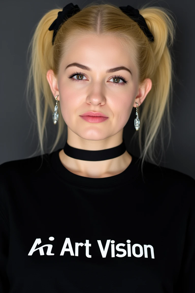 A woman with blonde hair is wearing a black shirt that says, "Ai Art Vision" on the front. She has a black choker around her neck and earrings hanging from her ears. Her hair is styled in two buns that are tied back with black bands. She is wearing dark colored eyes and has a serious look on her face.