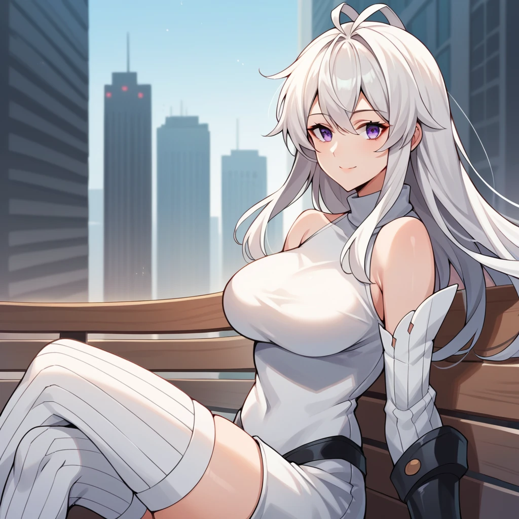 score_9_up, score_8_up, score_7_up, source_anime, 1girl, solo, GuYuena, Form_1st, street, cityscape, sitting on bench, from side, looking at you, smile, raised eyebrows, white hair, long hair, purple eyes, white shirt, turtleneck, detached sleeves, white sleeves, antenna hair, long sleeves, ribbed sleeves, black gauntlets, ribbed thighhighs, white thighhighs, white shorts, bare hands, bare shoulders, mature body, dynamic cowboy shot, outdoors, cityscape background