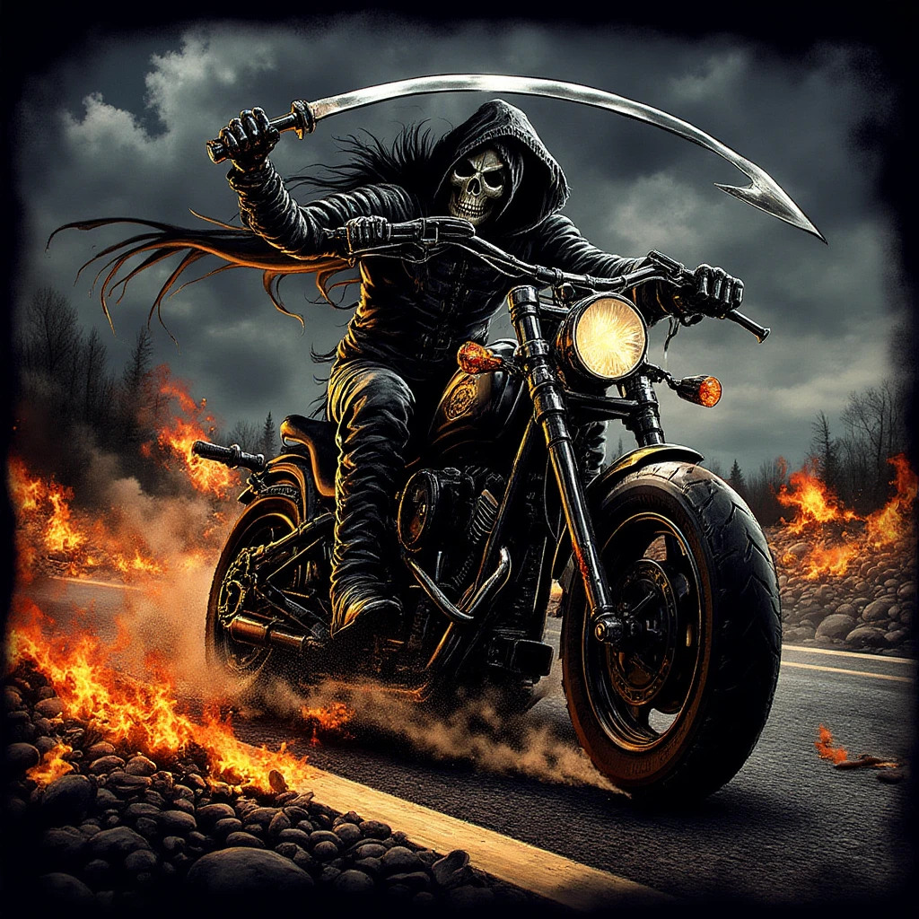 sk11ll, an rock or metal album cover heavy stylized of the grim reaper riding a motorcycle with fire on the wheels on the highway, dark and ghothic style 