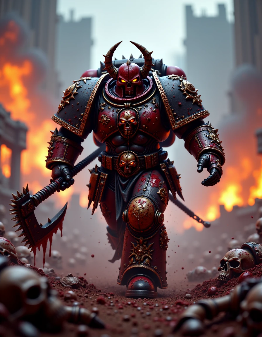 Visualize a Khorne Berzerker charging through a battlefield, chainaxe raised, armor adorned with skulls and spiked details. The ground around him is littered with bodies, as flames rise from shattered ruins in the background. His blood-drenched armor glows faintly with Khorne’s chaotic energy as he bellows, "Blood for the Blood God!"