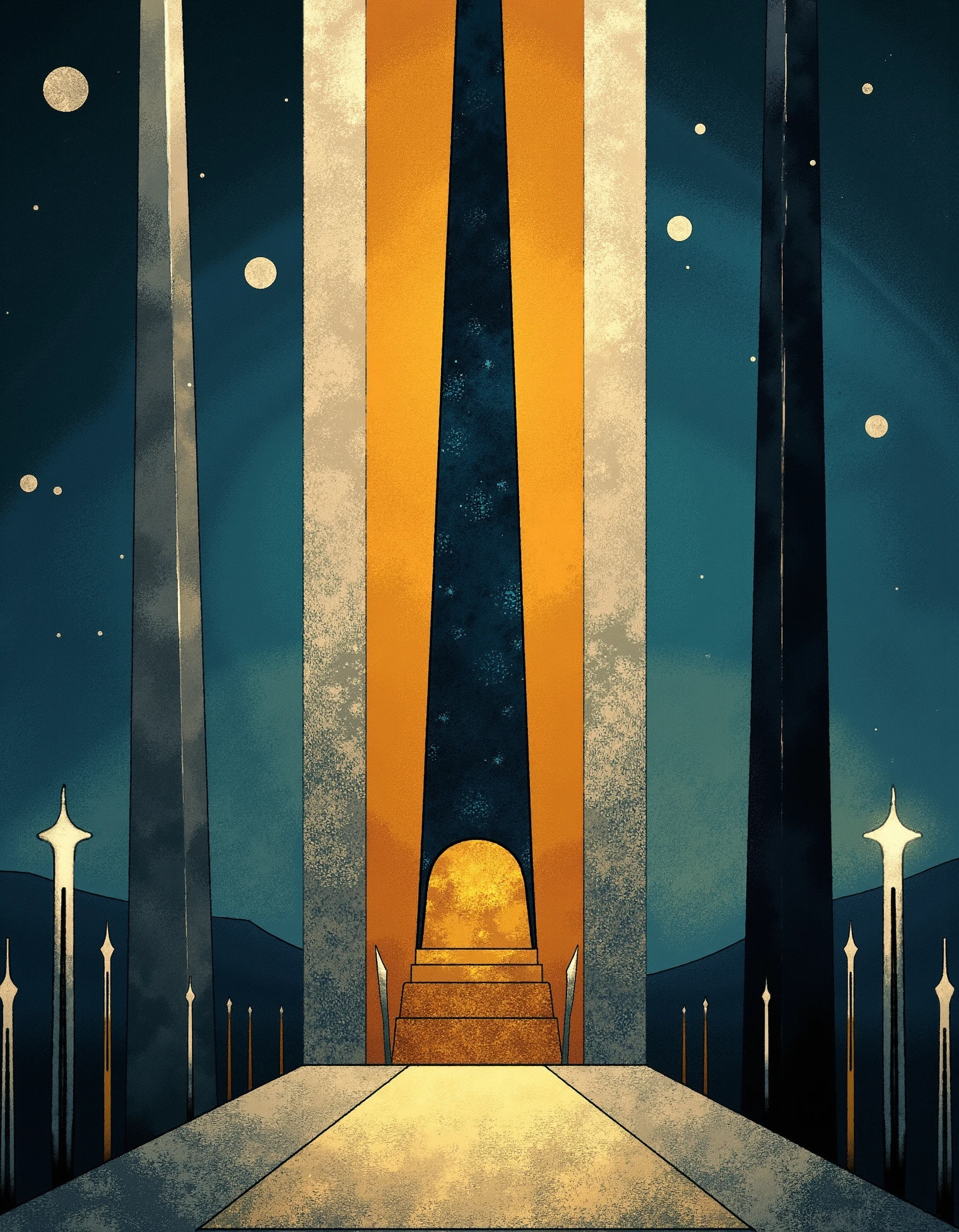 zavy-trtrt, An Art Deco painting in flat design and geometric abstraction featuring two towering obelisks, one gleaming silver and one matte black, standing on either side of a celestial portal in the night sky