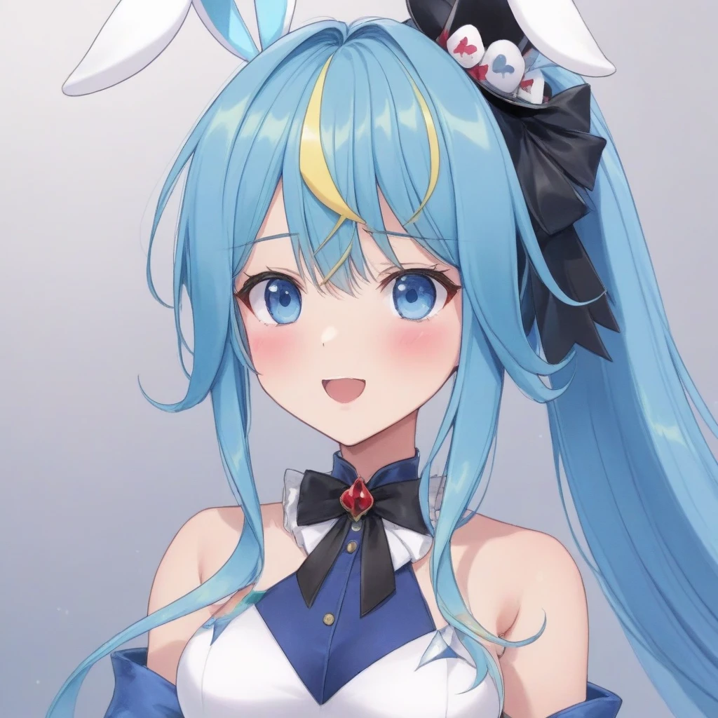 clara, blue eyes, blue hair, bangs, blush, multicolored hair, lightning bolt, long hair, solo, looking at viewer, straight-on, open mouth, portrait, virtual youtuber, anime drawing, playboy bunny,
 <lora:CLARA-XL-t6:0.6>