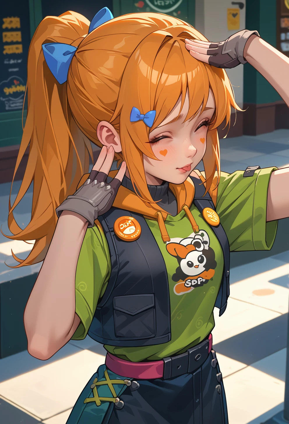 score_9, score_7_up, source_anime, BREAK  <lora:AEHeddy:0.7> AEHeddy, orange eyes, orange hair, long hair, ponytail, sidelocks, facial mark, heart facial mark, hair bow, hair tie, hair clip, blue bow, white bow, hoodie, black skirt, black vest, green shirt, short sleeves, black gloves, fingerless gloves, grey gloves, apron, badge, red belt, long skirt, pink socks, black footwear, boots,   <lora:AhEtoBlehMeme_pdxl_Incrs_v1:1> AhEtoBlehMeme, closed eyes, tongue out, :p, hands on own head, smile