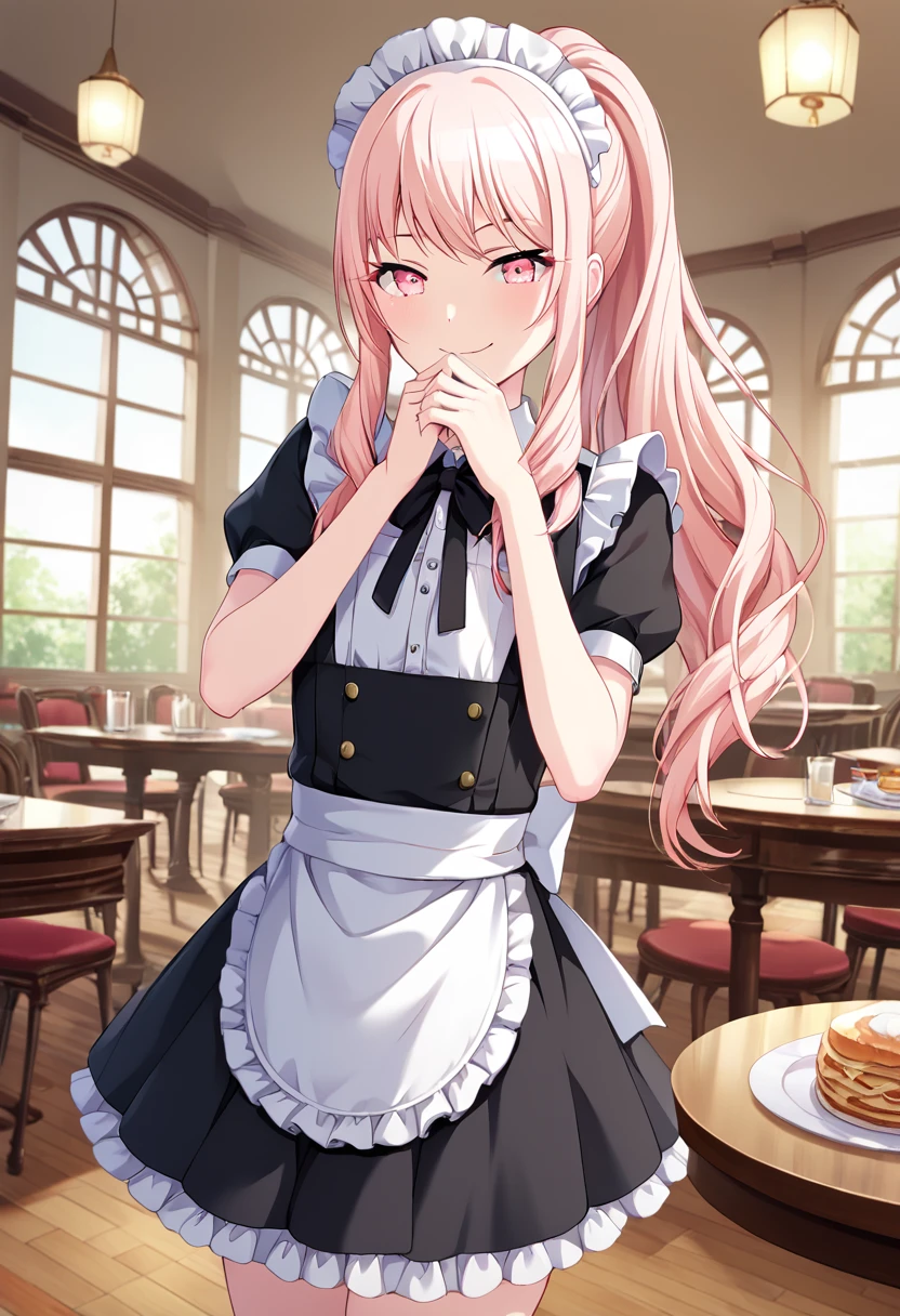 akiyama_mizuki, pink hair, pink eyes,  androgynous, 1other, official art, long hair, ponytail, maid outfit, frilled apron, black dress, bubble skirt, , BREAK indoors, restaurant BREAK looking at viewer, sexy face, happy, closed mouth, smile, shushing, hand near mouth,  cowboy shot,  BREAK score_9, score_8_up, score_7_up, source_anime ,zPDXL, perfect hand, <lora:Akiyama_Mizuki:0.8>