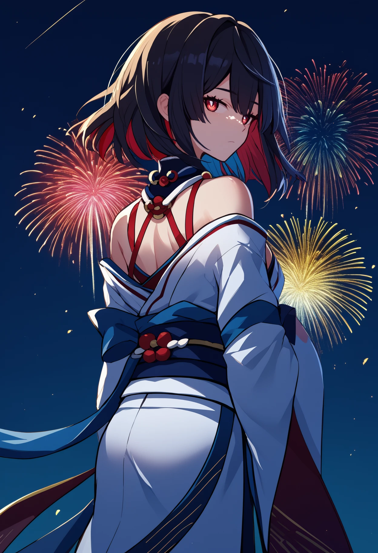 score_9, score_8_up, score_7_up, source_anime, <break> from behind, solo, 1girl, xueyi, expressionless, looking back, colored inner hair, black hair, red hair, red eyes, japanese clothes, white kimono, off shoulder, blue sash, bare shoulders, fireworks
<segment:yolo-face_yolov8m.pt,0.4,0.5//cid=1>