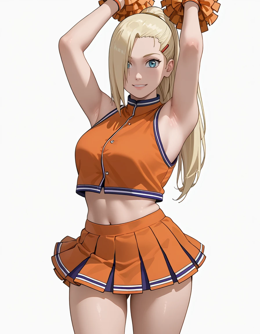 <lora:Ino_Yamanaka-step00000400:1>, 1girl, solo, ino_yamanaka, orange cheerleader outfit, hands up, thighs, arms raised, armpits,  smile, simple white background