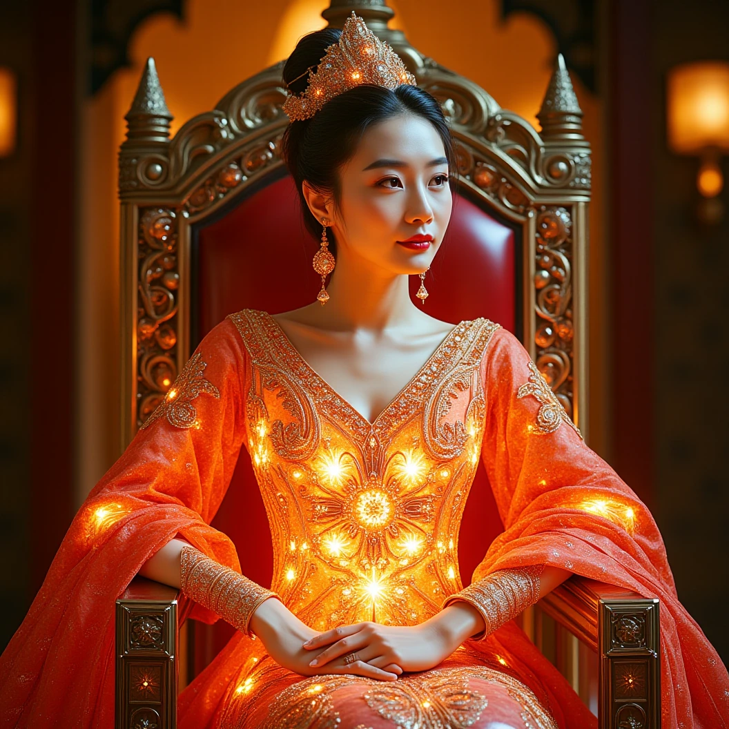 mechartdeco,a beautiful chinese queen wearing glowing and gorgeous dress,sitting on throne