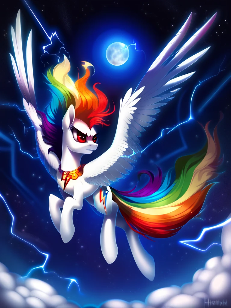 score_9, score_8_up, score_7_up, score_6_up, score_5_up, score_4_up, source_pony, feral pony, Super_Rainbow_Dash, white fur, glowing, ki, ultra instinct, electricity, aura, flying, space, star \(sky\), moon, detailed background, detailed face, detailed eyes, <lora:superdash-v1:1>