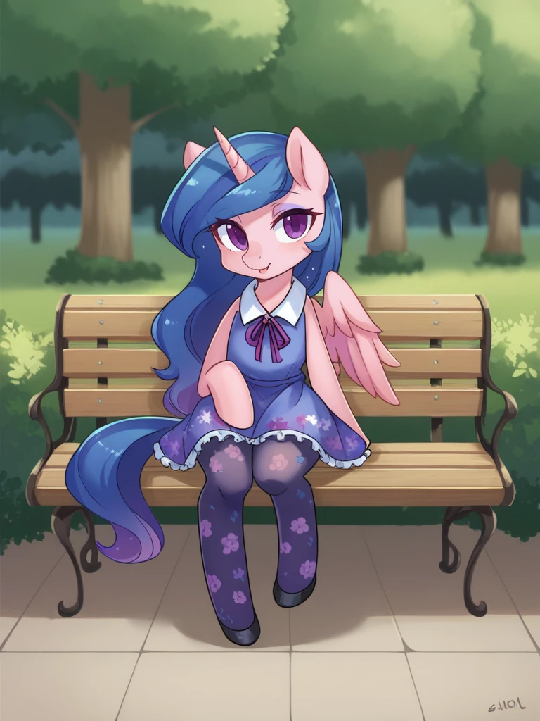 zPDXL3, 1girl, solo, flat color, 
<lora:shepherd:0.9> sh3p3rd, purple ribbon-trimmed dress, floral print pantyhose, dress shoes, winged unicorn, sitting on a park bench, enjoying an ice cream cone