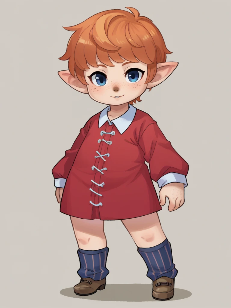 zPDXL3, 1girl, solo, flat color, 
<lora:shepherd:1> sh3p3rd, <lora:PopipiDT_v1-20:0.6> popipi, lalafell, pointy ears, orange hair, freckles, short hair, blue eyes, brown nose, pinstripe pattern short dress, checkered leg warmers, monk shoes