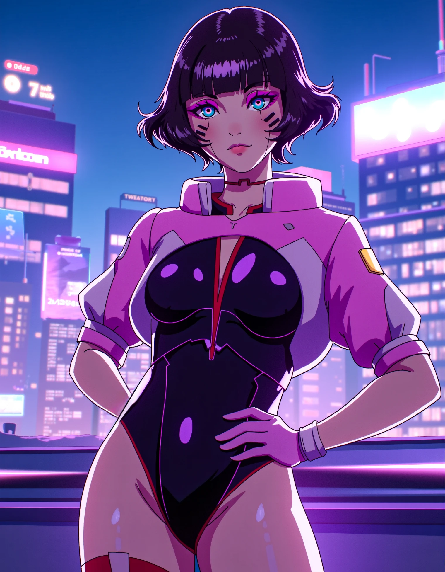 zavy-sasha, a young woman wearing a black bodysuit and pink with white shrugs in comic style, standing confidently on a futuristic rooftop with a glowing city skyline behind her