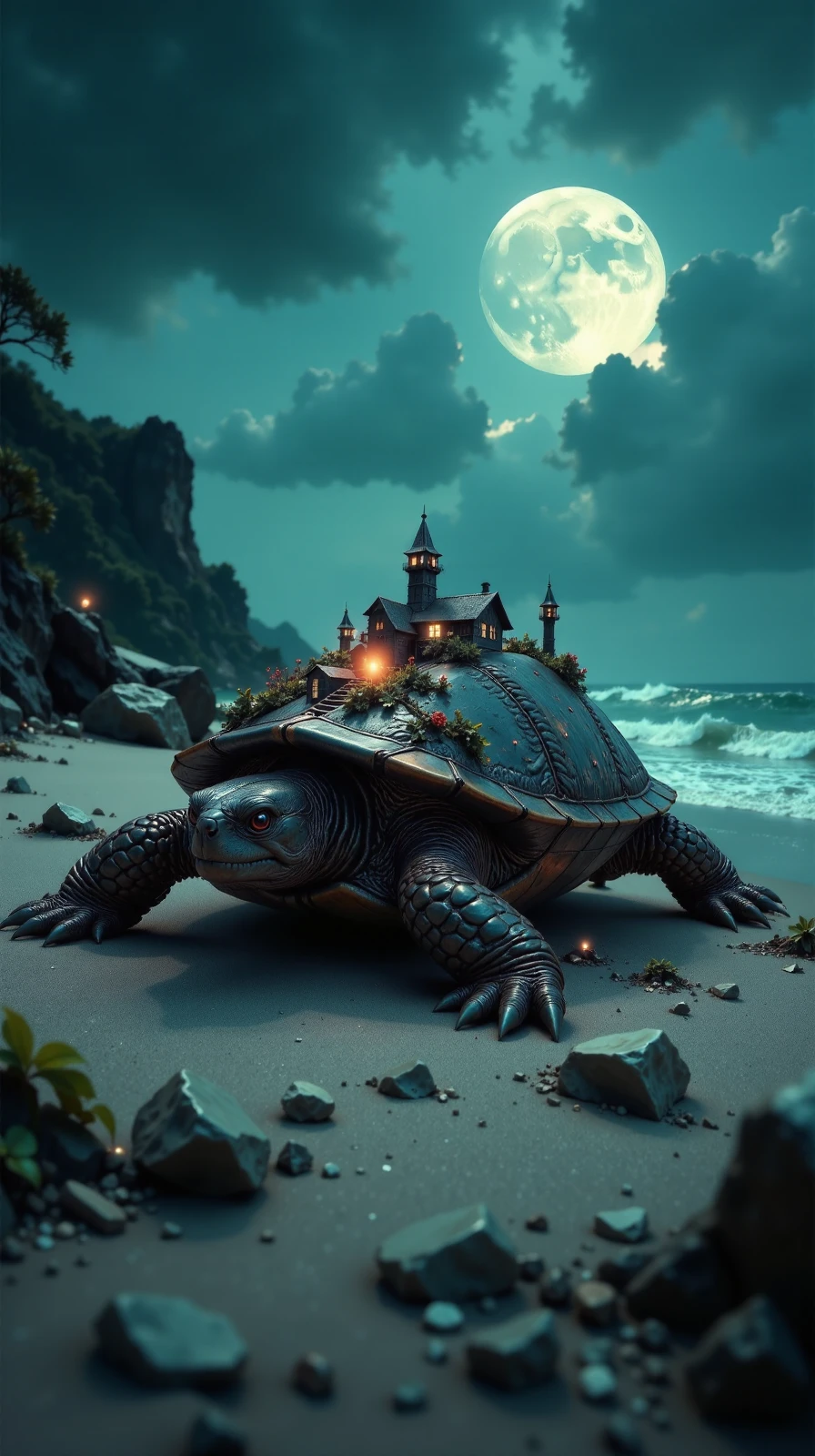 dark fantasy, eerie, horror,a miniatur town on the back of a turtle resting on a haunted beach, octane render, ultra detailed, high-definition,photorealistic ,high detail,16k ,high resolution,uplight,<lora:Flux Darkfantasy_epoch_1:1>,