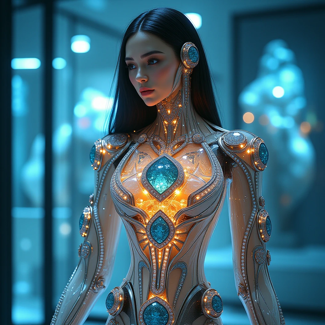 mechartdeco,a pretty female cyborg has diamond and glass made exoskeleton body in bright lab