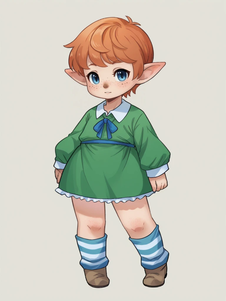 zPDXL3, 1girl, solo, flat color, 
<lora:shepherd:1> sh3p3rd, <lora:PopipiDT_v1-20:0.6> popipi, lalafell, pointy ears, orange hair, freckles, short hair, blue eyes, brown nose, multicolored stripes ribbon-trimmed dress, cyan leg warmers, boots