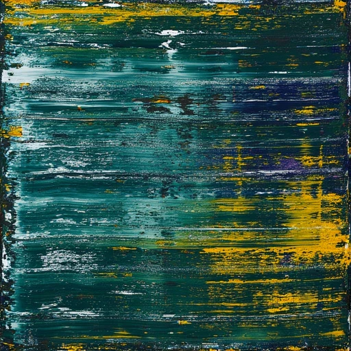 reminiscent of the night sky or a deep ocean., sweeping brushstrokes. The canvas is covered in a rich tapestry of colors, creating a dynamic interplay of colors. The texture is rough and expressive, swirling colors. The background features a mix of deep blues and purples, and white interspersed throughout., rich yellow, with a rough, dark greens