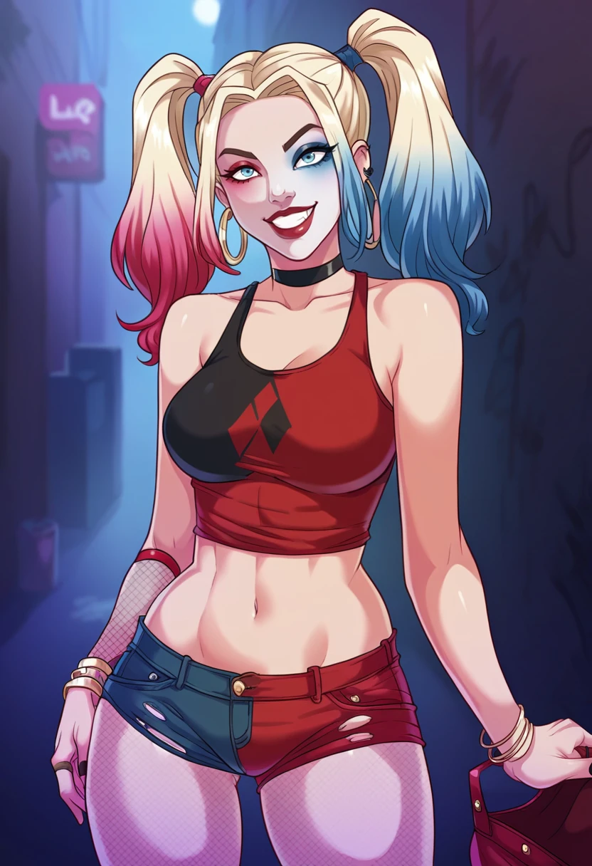 1girl, solo, Harley Quinn, bombshell girl, twin tails, multicolored hair, sly smile, short top, hotpants, fishnets, jewerly, hoop earrings, (night:1.1), backside alley, (trash cans:0.5), looking at viewer,  <lora:Eva_KissV2.5:1>, score_9, score_8_up, score_7_up,