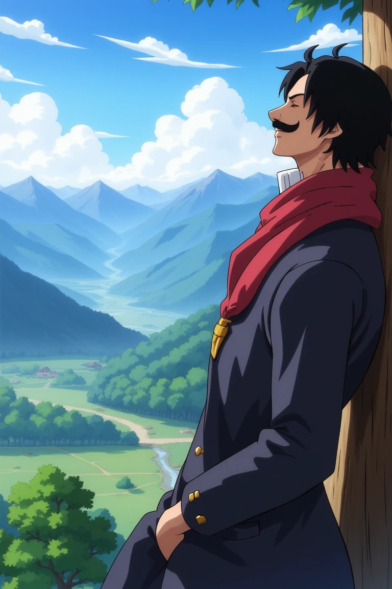 anime, leaning back against a tree, RogerOP has black hair, facial hair, mustache, and closed eyes, smiling with closed mouth, he is looking away and at the valley, the background are mountains with a valley,