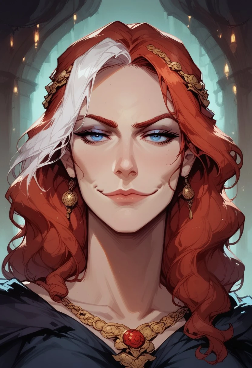 score_9, score_8_up, score_7_up, BREAK, 1woman portrait, beautiful, dramatic lights ((Loshe. Loshe Divinity Original Sin 2. LosheDOS2. mulitcolored hair. redandwhitehair. white highlights, blue eyes, smug, closed mouth))