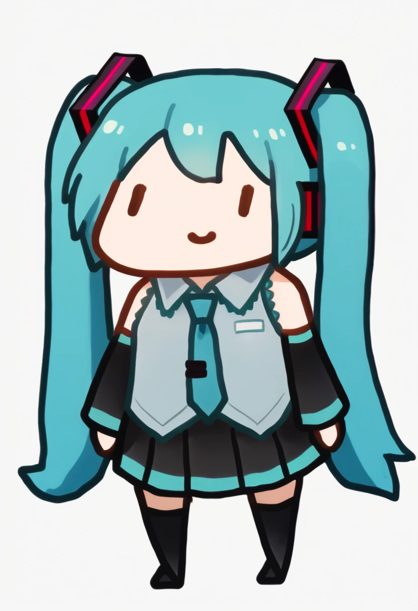 score_9, score_7_up, <break> chibi, simple background, white background, full body, solo, 1girl, hatsune miku, smile, standing, aqua hair, twintails, grey shirt, sleeveless shirt, aqua necktie, detached sleeves, black skirt, black thighhighs