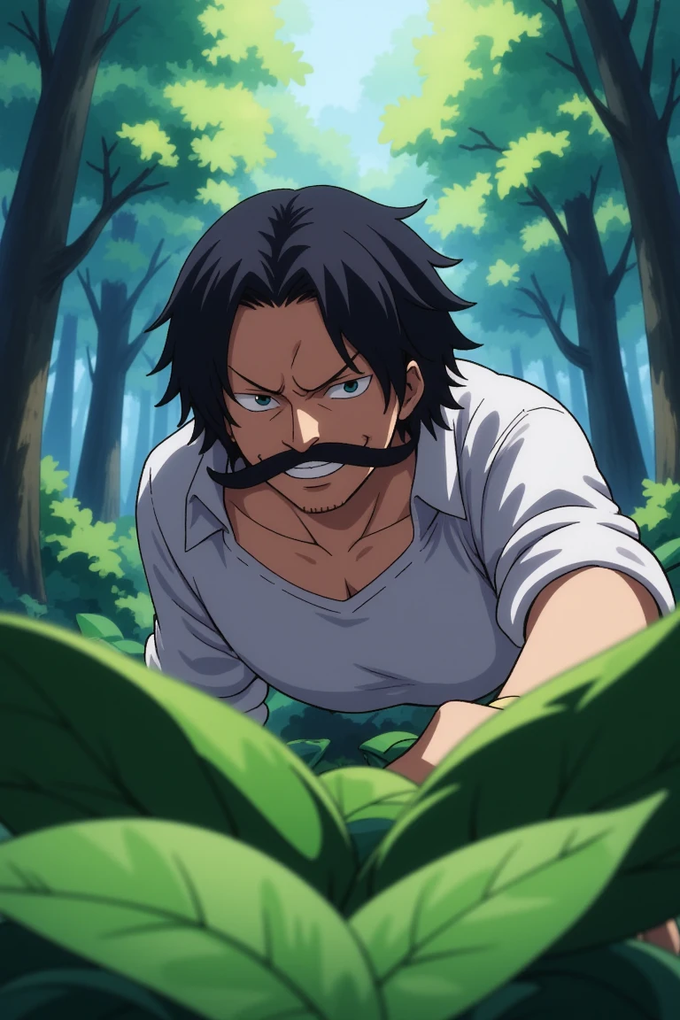 from below with foreground leaf blur, anime, on all fours as he crawls towards the viewer, RogerOP has black hair, facial hair, mustache, and black eyes, smiling, he is reaching his hand out, the background is a forest ceiling