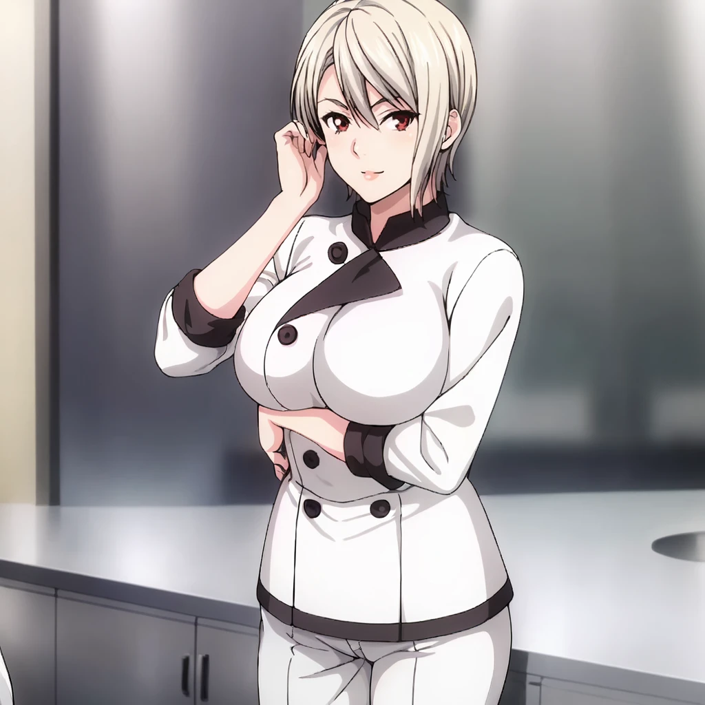 <lora:alicenakiri_pony_v1:.8>AliceNakiriChef, chef, 1girl, large breasts, short hair, white pants, cowboy shot