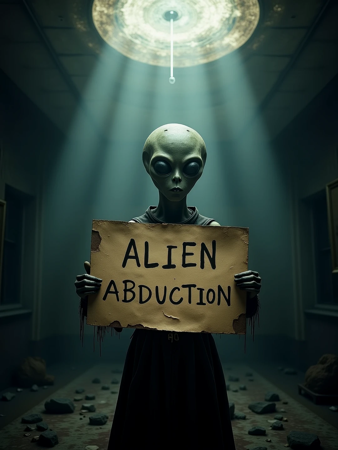 An Alien holding a sign beneath spectral lights. (Text: "Alien Abduction").

alnabdctnCE style 