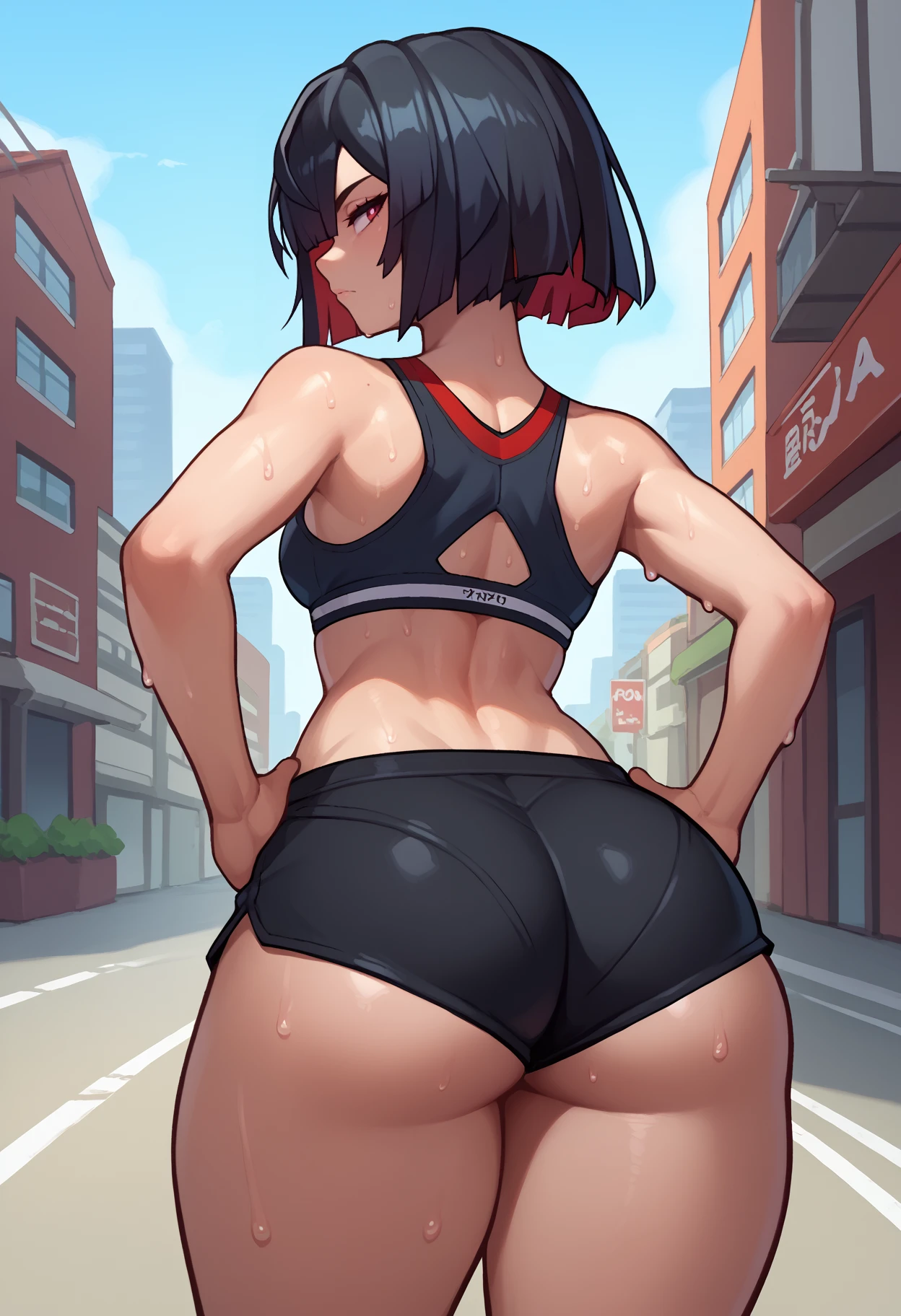 score_9, score_8_up, score_7_up, <break> from behind, solo, 1girl, xueyi, sweat, expressionless, looking back, hands on own hips, colored inner hair, black hair, red hair, red eyes, black sports bra, black shorts, micro shorts, ass, outdoors, city street
<segment:yolo-face_yolov8m.pt,0.4,0.5//cid=1>