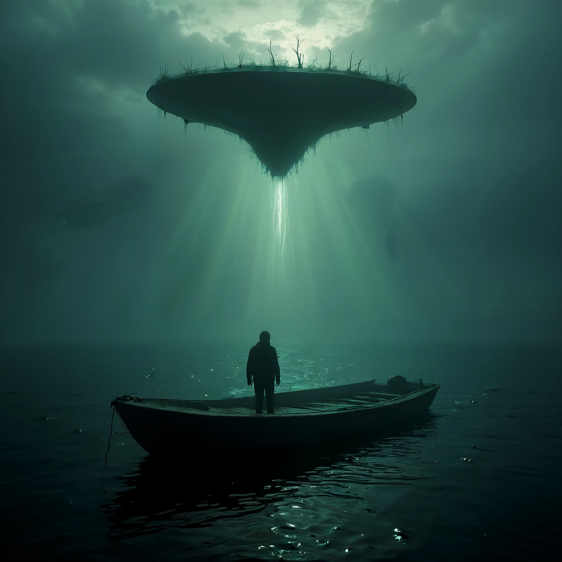 Ocean abduction. Spectral lights. On a boat.

<lora:AlienAbduction01-00_CE_SDXL_64x32x120x2bOT:1> alnabdctnCE style 