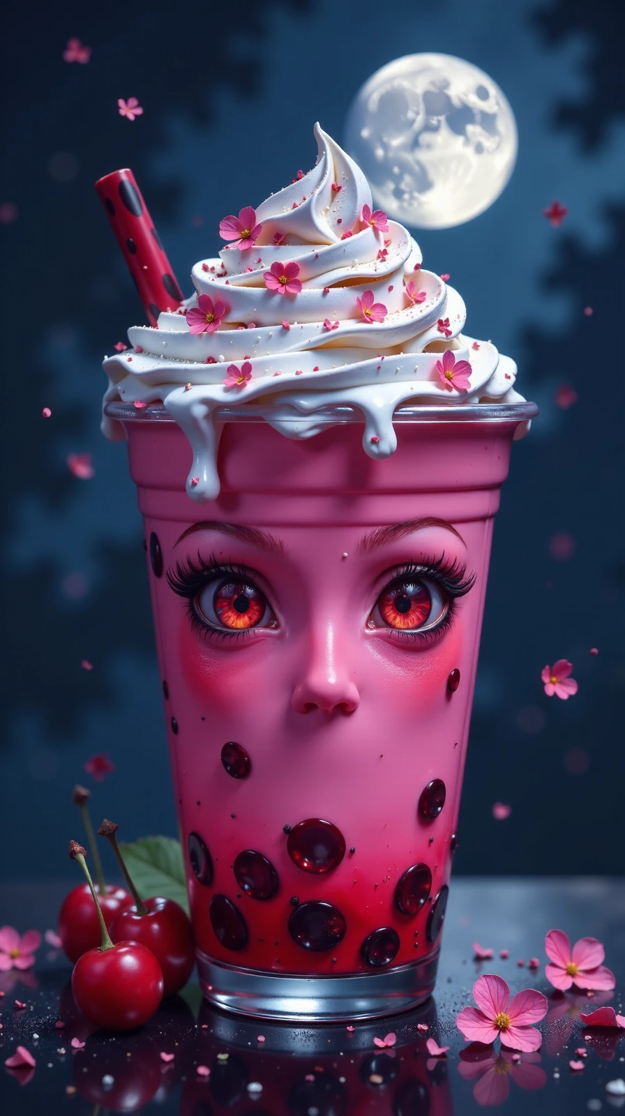 dark fantasy, eerie, horror, bubble tea,big kawaii anime eyes, blush stickers, cherry, :3, bubble tea, whipped cream on top, blurry, solo, moon, rainbow,glitter on top,<lora:Flux Darkfantasy_epoch_1:1>,