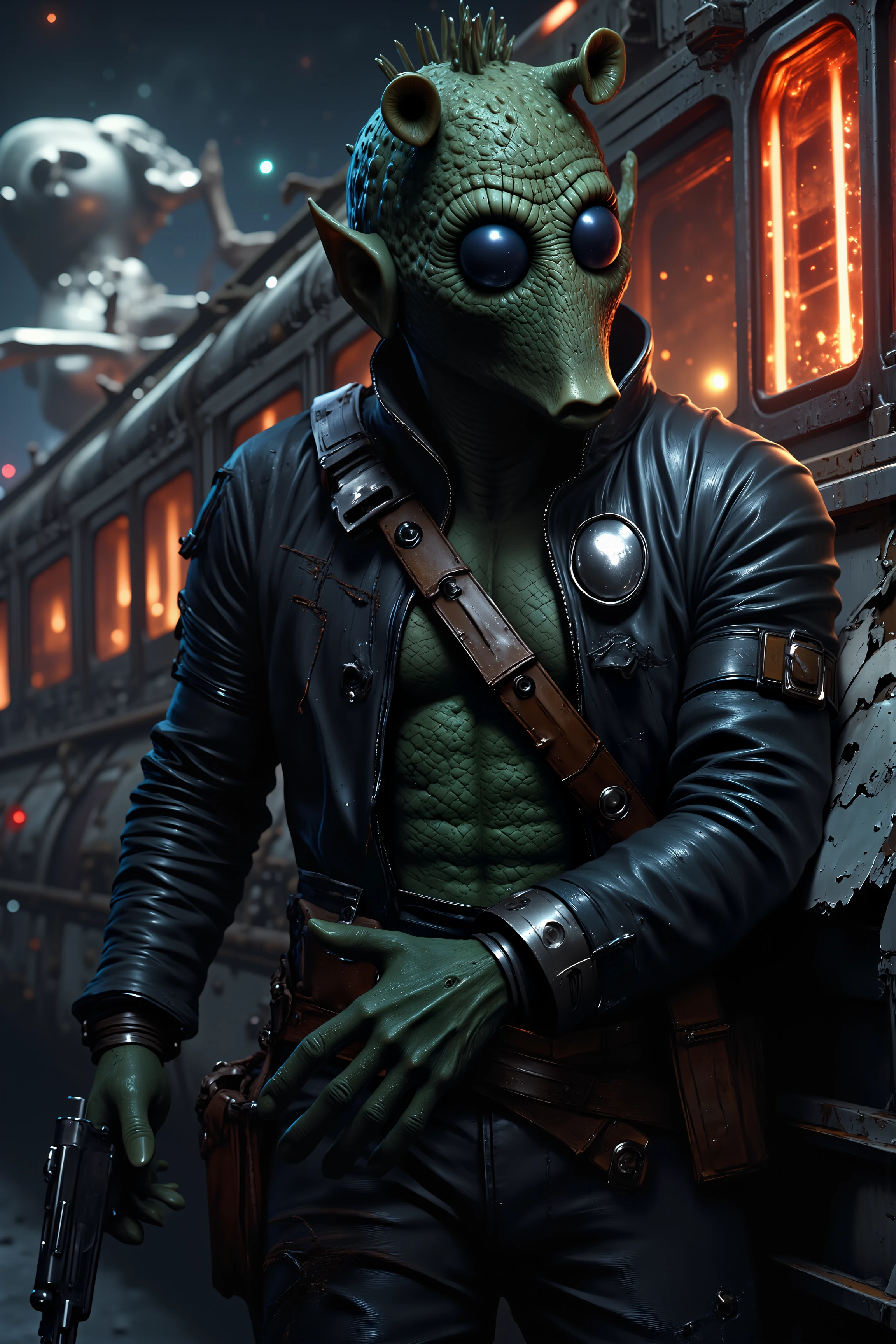 A hyper-realistic portrait, photorealistic photo close-up image of  A male Rodian smuggler with snout leans casually against the hull of his freighter, his dark green skin almost blending into the worn, metal surface of the ship. His leather jacket is torn in places, a testament to countless close calls, and his blaster pistol rests loosely in its holster, ready for a quick draw if needed. Around him, the bustling spaceport is alive with activity; droids scurry by carrying crates, while starships of every size and shape land and take off in a chaotic dance. The air smells of fuel and fried street food, and the distant hum of engines reverberates in the background. The Rodianâs sharp eyes scan the crowd, always on the lookout for a potential job or a dangerous bounty hunter looking to cash in on his name. His ship, a patched-together freighter, hums faintly with idle power behind him, the boarding ramp extended like an open invitation. Overhead, the high buildings of the city reach toward the sky, their lights blinking in the dusk. The Rodianâs posture is relaxed, but thereâs a tension in his stanceâheâs always ready to run, always ready to fight. (photography, high-resolution, dynamic, energetic,hyper-realistic, dramatic lighting, shallow depth of field.), MythP0rt<lora:DnDDarkestFantasy:0.5><lora:FluxMythP0rtr4itStyle:0.75><lora:Dever_Flux_Enhancer:0.5><lora:Aura_Flux-000010:0.6><lora:RODIAN_1:1.1>