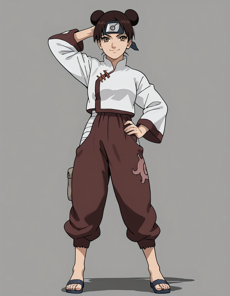 <lora:Tenten:1>, tenten, 1girl, solo, shippuden outfit, white shirt, simple background, full body, long sleeves, pants, sandals, headband, smile, one hand on hip, one hand behind head