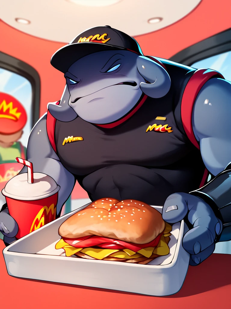 Score_9, score_8_up, score_7_up, score_6_up, score_5_up,
<lora:Gantu:1> gantu, 1boy, hat, mcdonalds, uniform