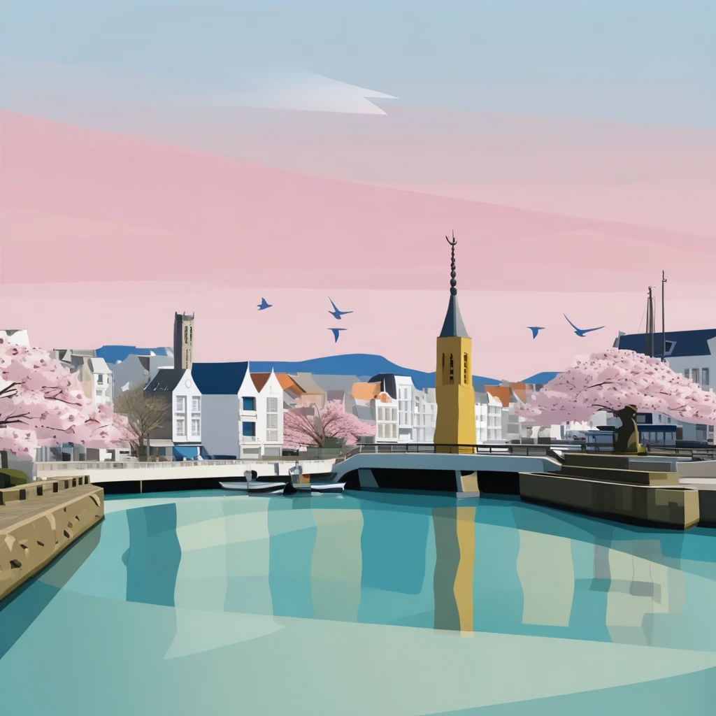 picturesque scene of a traditional Japanese pagoda and cherry blossoms against a backdrop of a tranquil, colorful row of buildings along a waterfront promenade, likely in a coastal town, Brazil. The statue, Vector retro modern illustration of Bruges, Minimalist representation of a marina with boats rendered in simplified geometric shapes and white triangular sails. Colorful seafront houses in the background, delicate touch to the scene., and warm earth tones. This is a digital illustration in a modern, Minimalist landscape design of a Brittany port town. The iconic suspension bridge rendered with clean