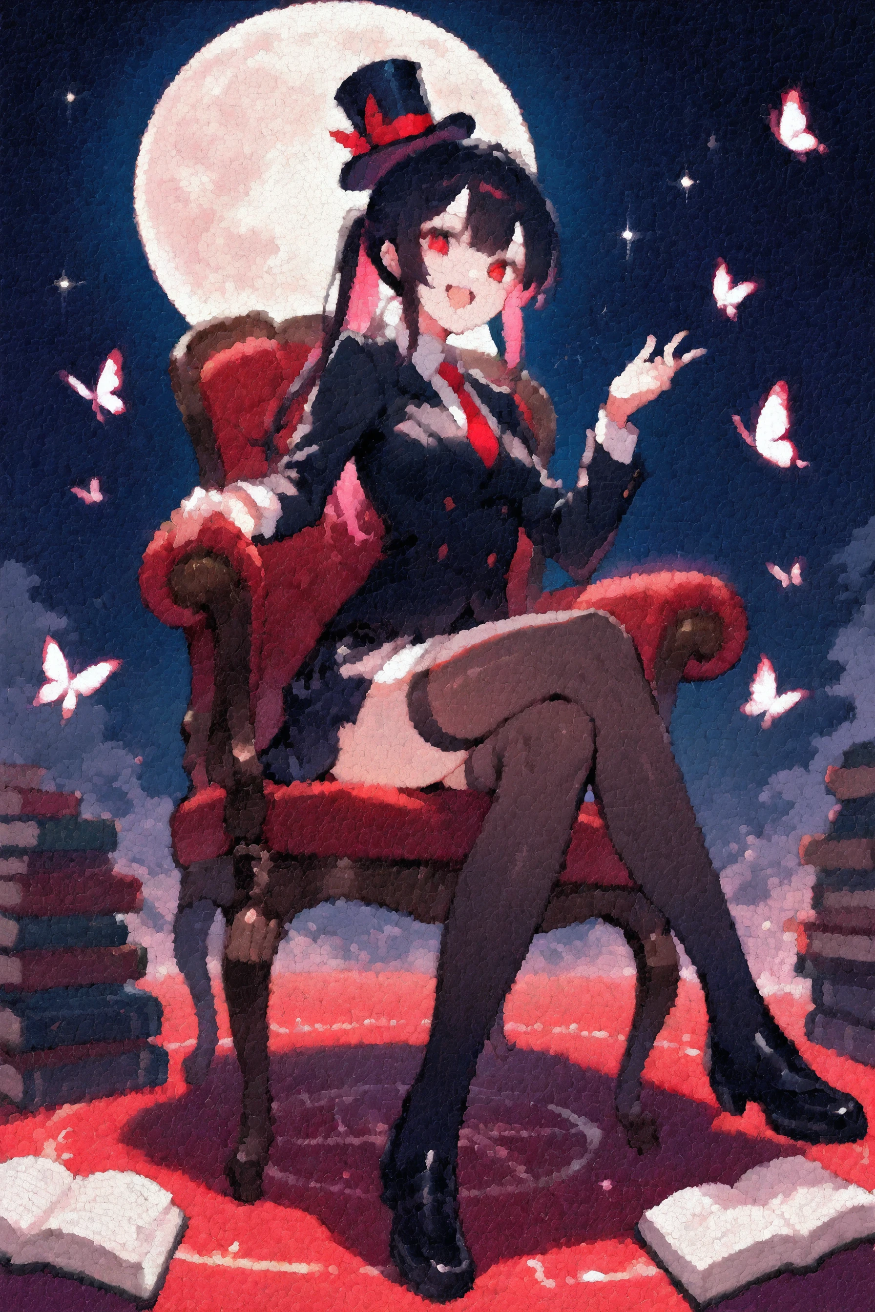 (score_9, score_8_up, score_7_up) BREAK source_anime,pointillism,1girl,solo,multicolored hair,black hair,pink hair,red eyes,ponytail,open mouth,solo,top hat,black suit,black skirt,black thighhighs,red necktie,sitting on chair,looking at viewer,smile,moon,starry sky,books on ground,butterfly,sparkle,magic circle,<lora:pointillism_v1:1>,