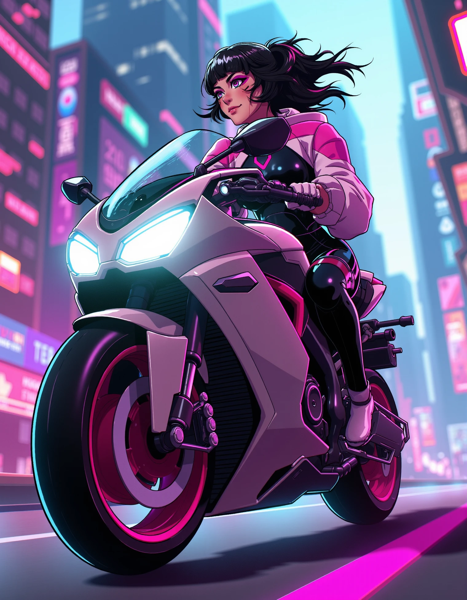 zavy-sasha, a young woman in a black bodysuit and pink with white shrugs in the style of Cyberpunk Anime, riding a sleek futuristic motorcycle through a cyberpunk city at high speed, with wind blowing through her hair