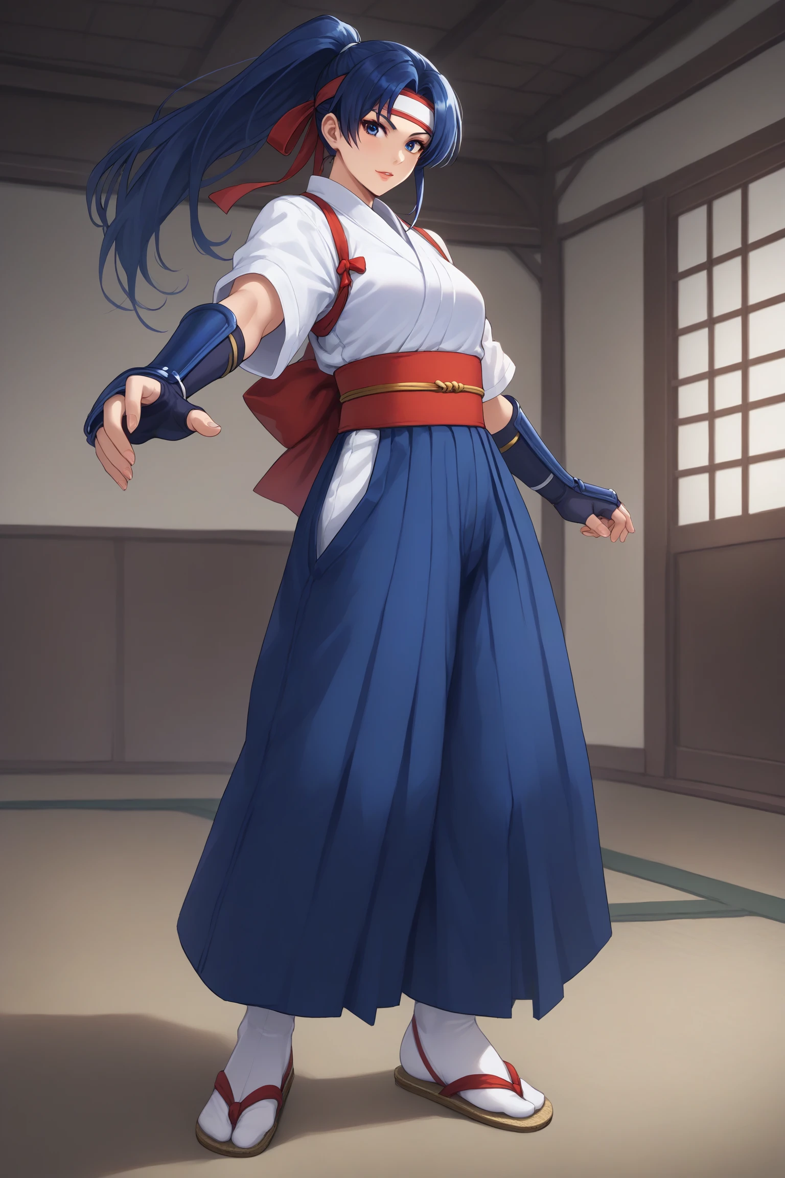 todoh kasumi, long hair, blue hair, ponytail, headband, blue eyes, japanese clothes, douki, blue gloves, fingerless gloves, blue arm guards, hakama, white shirt, red obi, red back bow, hakama pants, blue pants, white socks, white tabi, flip-flops, <lora:Kasumi_Todoh:0.8>, score_9, score_8_up, score_7_up, score_6_up, score_5_up, source_anime, rating_safe, medium breasts, indoors, 1girl, solo, looking at viewer, <lora:age_slider_v4:1>, (full body:1.4), standing, fighting pose