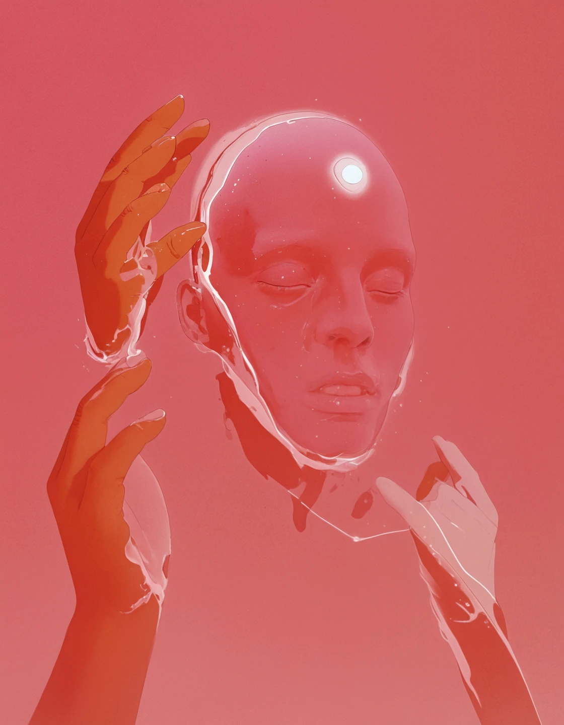 vmos, face and hands emerging from pink orange gradient fluid with eyes closed white glowing line on face, glowing third eye