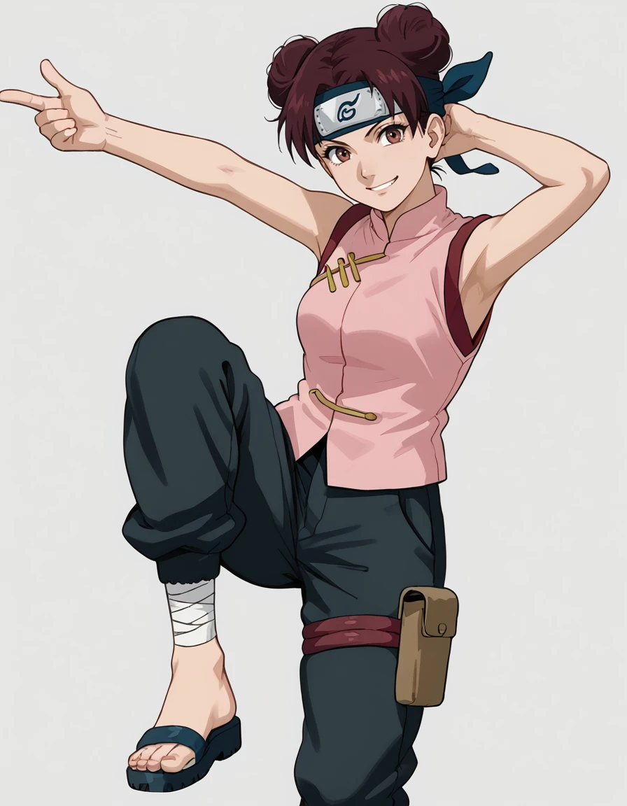 <lora:Tenten:1>, tenten, 1girl, solo, original outfit, sleeveless pink shirt, sandals, black pants, leg bandage, headband, simple background, one hand on hip, one hand behind head, smile