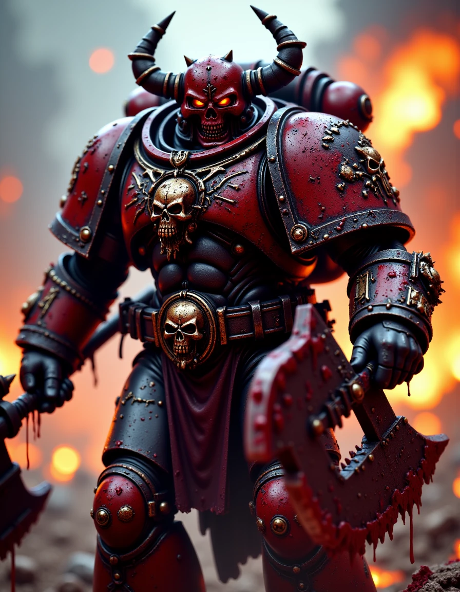 Imagine a hyper-detailed close-up of a Khorne Berzerker in battle-worn red and black power armor, the armor scratched and bloodstained. His helmet features snarling skull motifs, and glowing red eyes stare with a bloodthirsty gaze. His chainaxe drips with fresh blood, and the background is filled with fire and destruction.