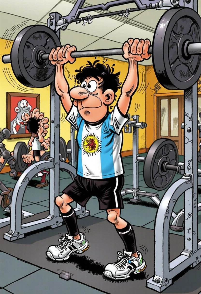 cartoonish drawing of a man mort4d3lo style man, short, dark hair, lifting weights in a gym dressed with an argentinean soccer shirt