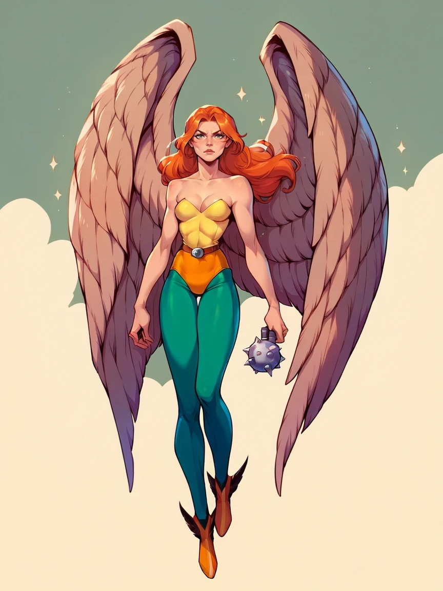 score_9, score_8_up, score_7_up, score_6_up, score_5_up,  <lora:HawkgirlXLP:1> hawkgirl, 1girl, solo, wings, long hair, orange hair, full body, leotard,