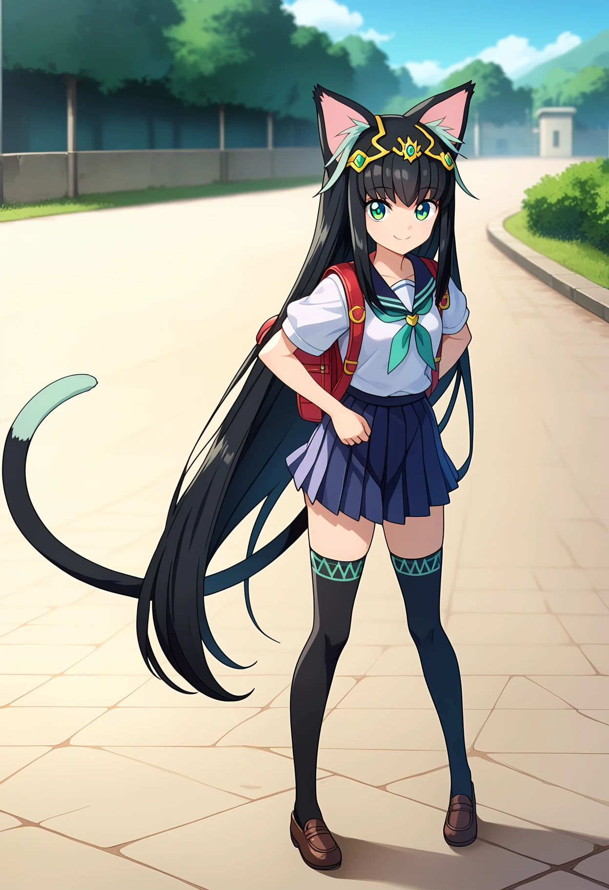 score_9, score_8_up, score_7_up,source_anime,
BREAK
1girl, solo, full body, aged down, 
<lora:shiTamaV1:1>, smol, tamayng, long hair, black hair, multicolored hair, tiara, very long hair, 
green eyes, cat tail, cat ears, animal ears, 
school uniform, pleated skirt, backpack, white shirt, handkerchief, thighhighs, 
looking at viewer, smile, outdoors, school,  street, stone floor,