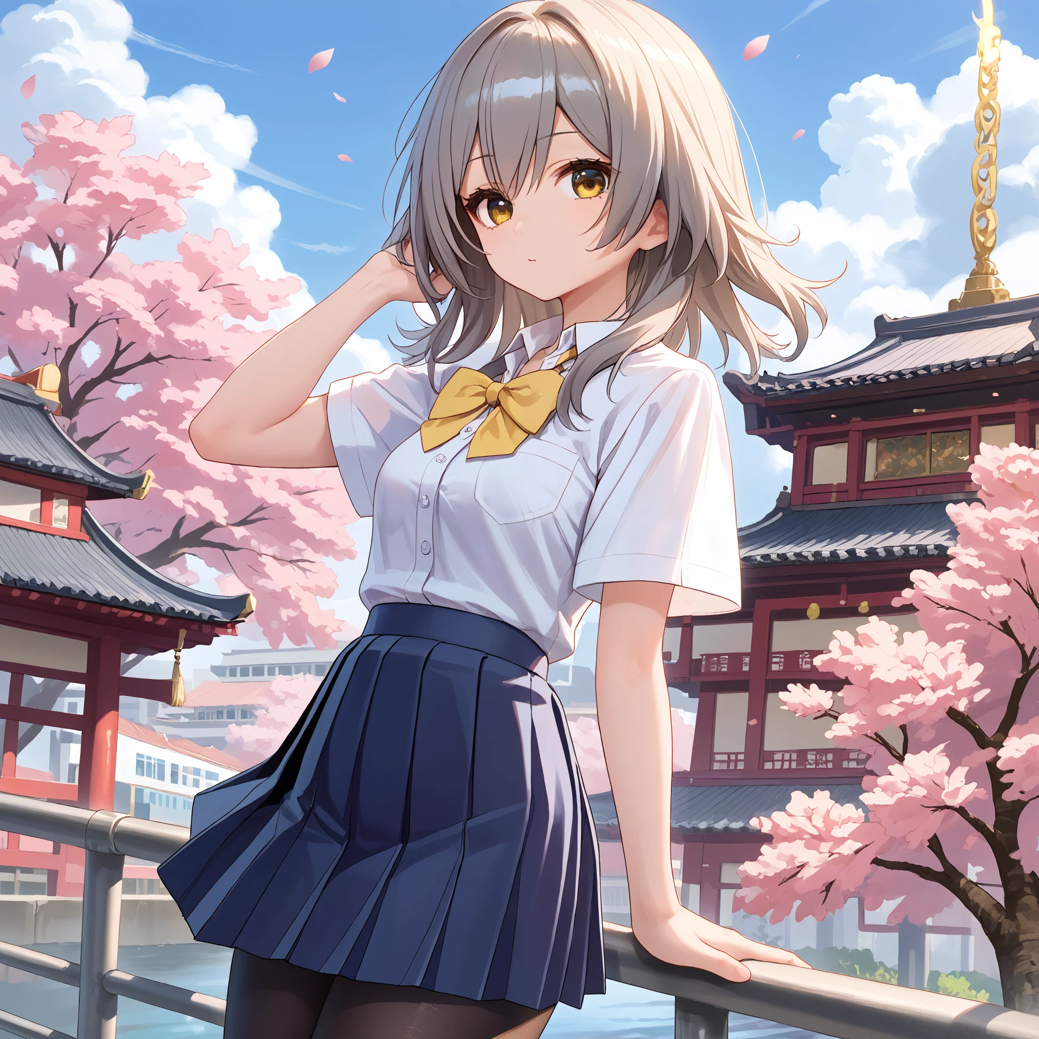 score_9, score_8_up, score_7_up, score_6_up, score_5_up, score_4_up, BREAK source_anime, look at viewer, rating_safe, 1girl, solo, city, cherry blossom, masterpiece, best quality, high detailed skin,  stelle \(honkai: star rail\), medium hair, grey hair, yellow eyes, school uniform, collared shirt, white shirt, pleated skirt, black pantyhose, short sleeves, bowtie,