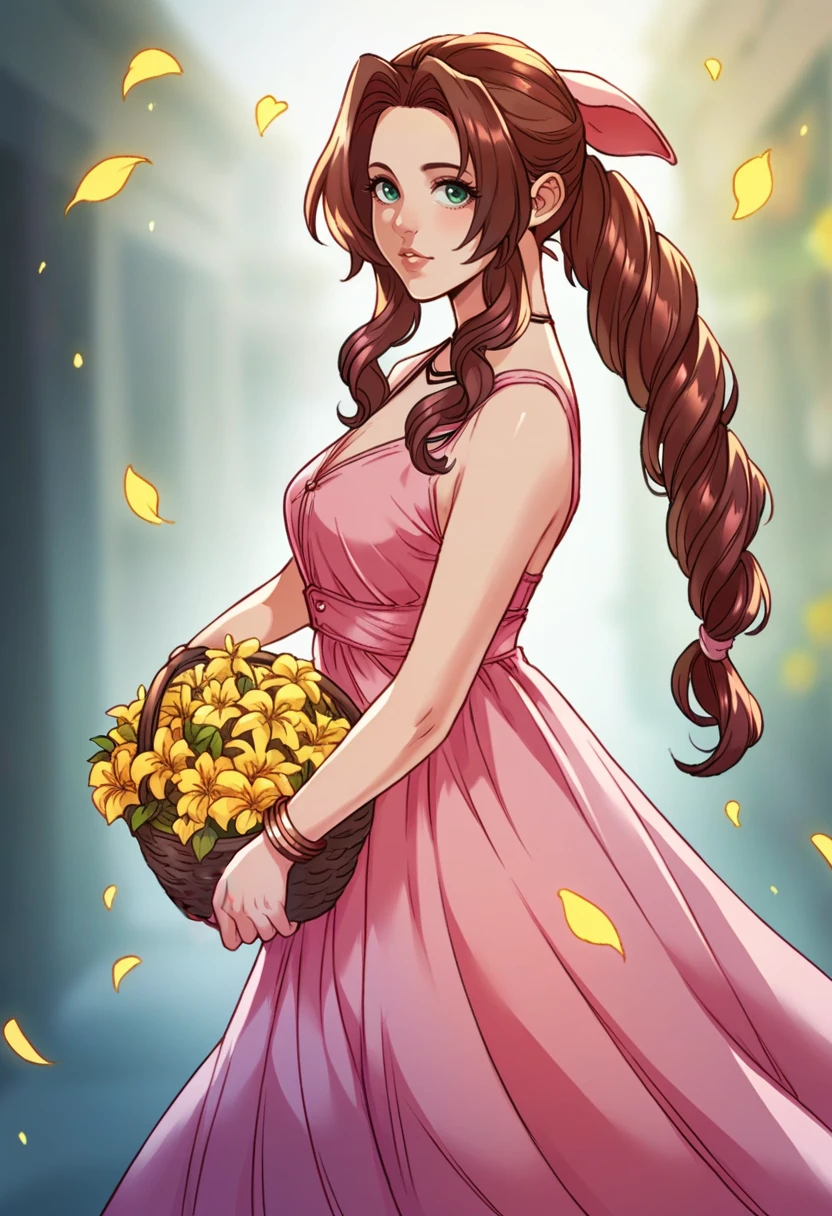 1girl, solo, Aerith , holding basket with yellow flowers, long pink dress, red short jacked, looking at viewer, <lora:Eva_KissV2.5:1>, score_9, score_8_up, score_7_up,